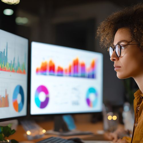 woman analyzing colorful digital marketing metrics dashboards with charts and graphs on dual monitors in a modern workspace