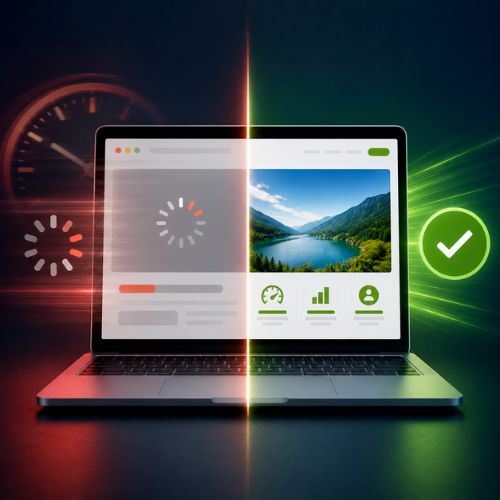 Split screen illustration of a laptop comparing slow and fast website performance, with a loading spinner and red motion blur on one side and a fast, optimized website with green highlights on the other.
